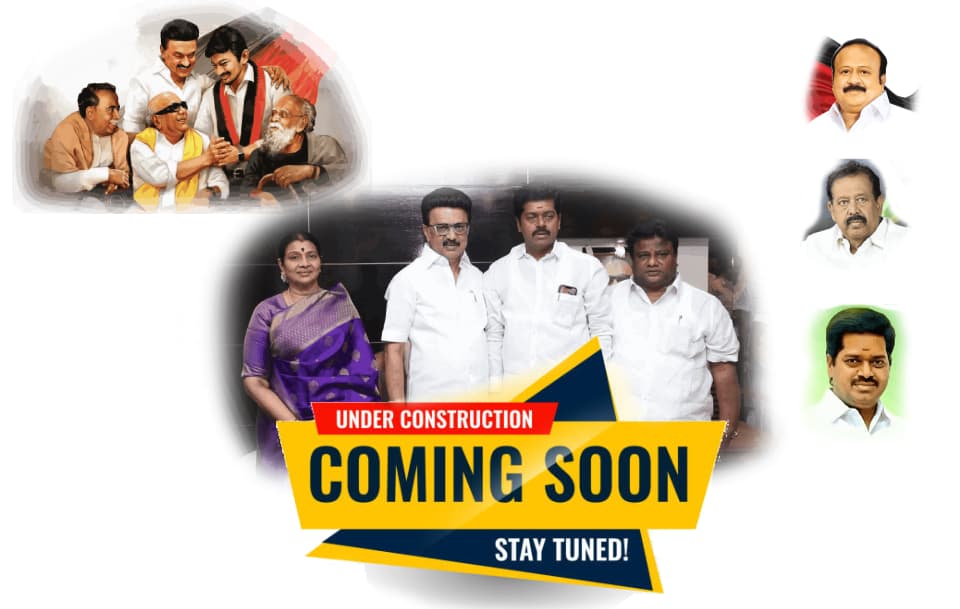 Under Construction, Coming Soon, Stay Tuned banner with political figures